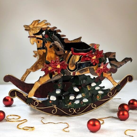 Vintage Metal Rocking Horse Carriage Planter w Poinsettia Accents Holiday Decor - Picture 1 of 10